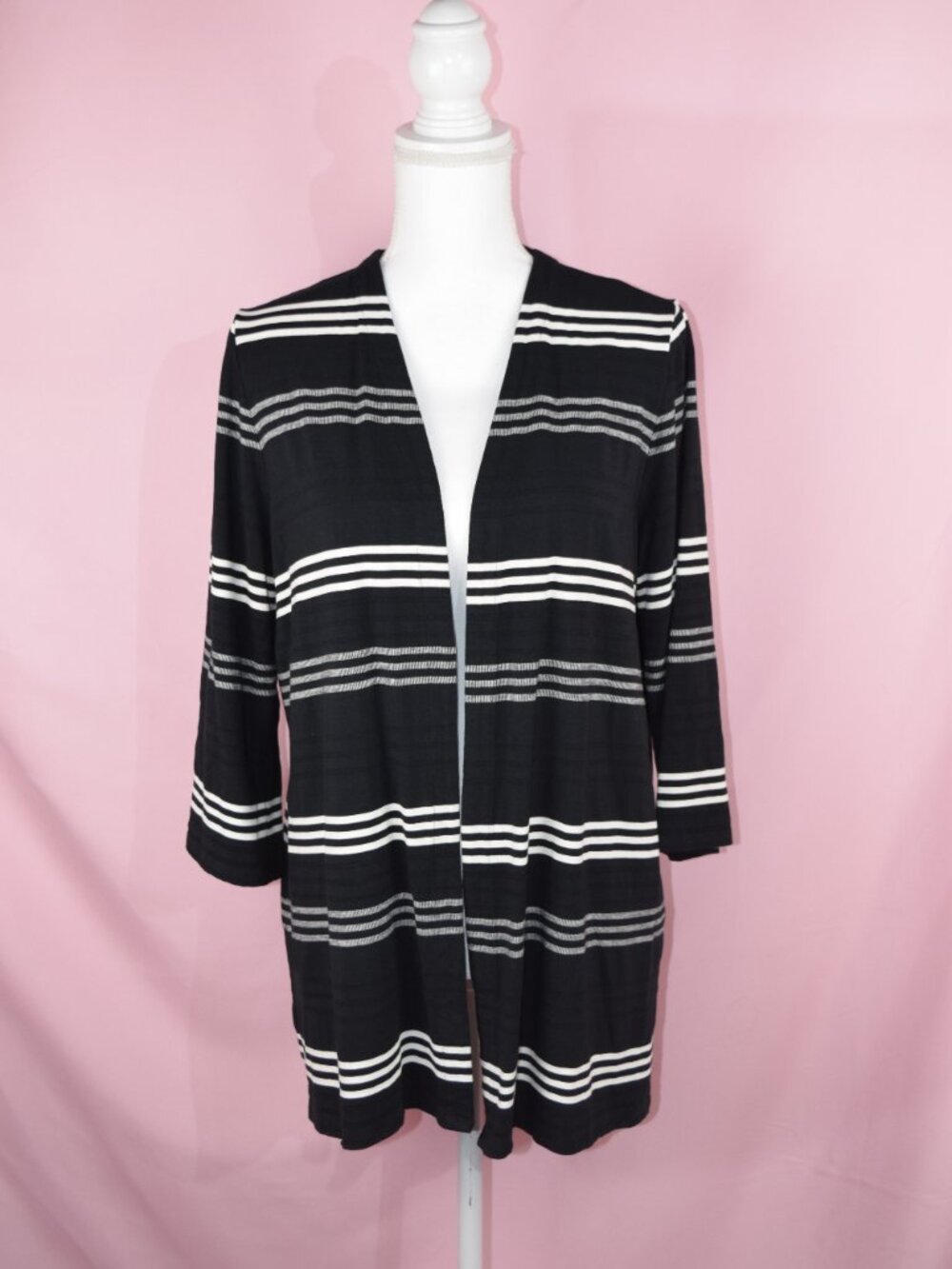 J. Jill Wearever Black & Gray Striped Open-Front Cardigan | Size L Petite